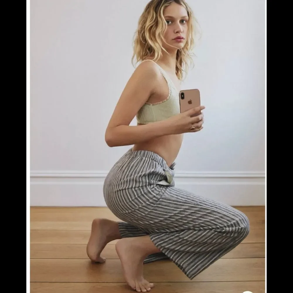 Urban Outfitters Y2K Stripes Blue Linen Drawstring Pull On Cropped Pants S